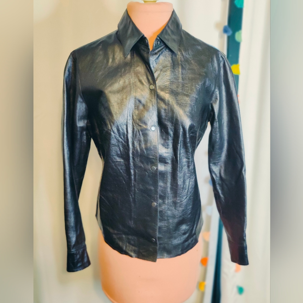 Sexiest leather button up Shirt Vintage Express 80s Chic Matrix fitted Slick XS